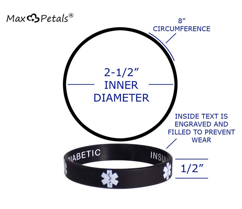 Max Petals Type 1 Diabetic Insulin Dependent Medical Alert ID Privacy Enhanced Silicone Bracelets Wristbands 5 Pack - Image 2